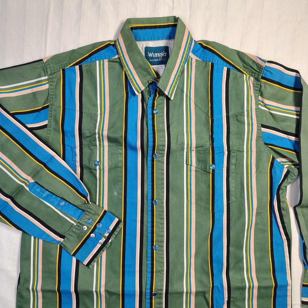 Wrangler Western Shirt Mens XLT Green Blue Striped Pearl Snap MB1051M Tall